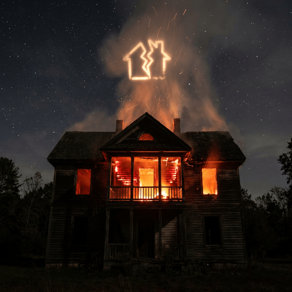 An old wooden house engulfed in fire with a glowing broken house symbol above it.