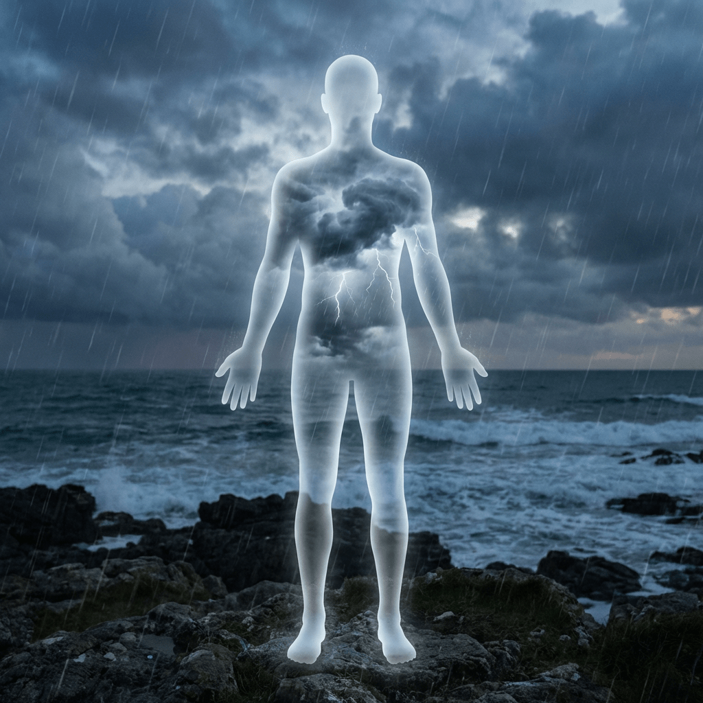 Translucent human silhouette containing a lightning storm standing on a dark, rainy coastline.
