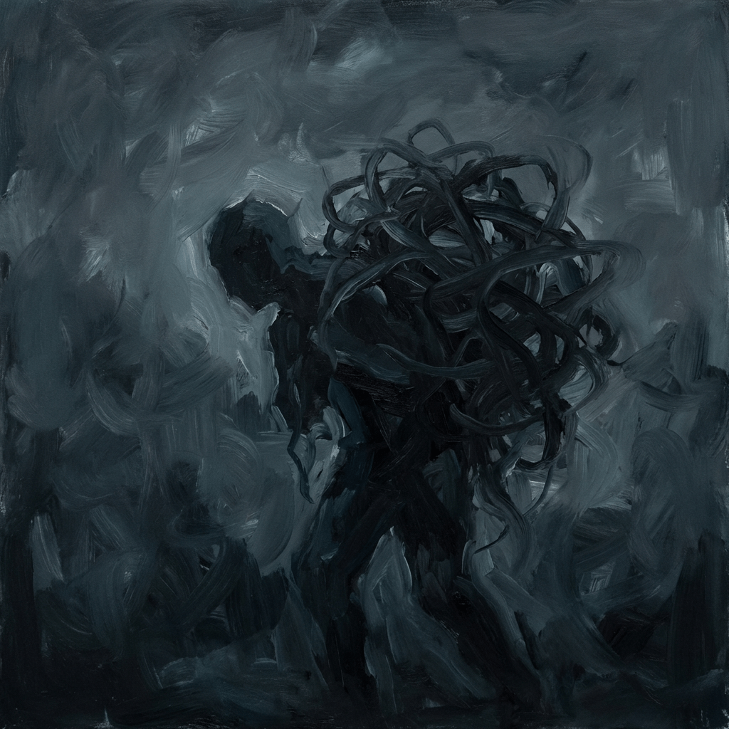 Silhouetted figure hunched under a tangled mass of black coils against a turbulent background.