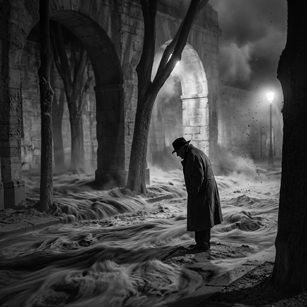 Man in a fedora and trench coat standing on a moonlit cobblestone street near stone arches.