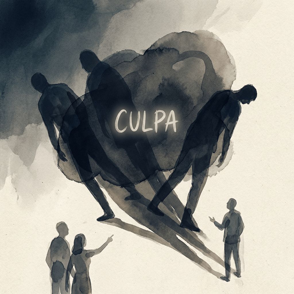 Watercolor silhouettes surrounding the central glowing text CULPA.