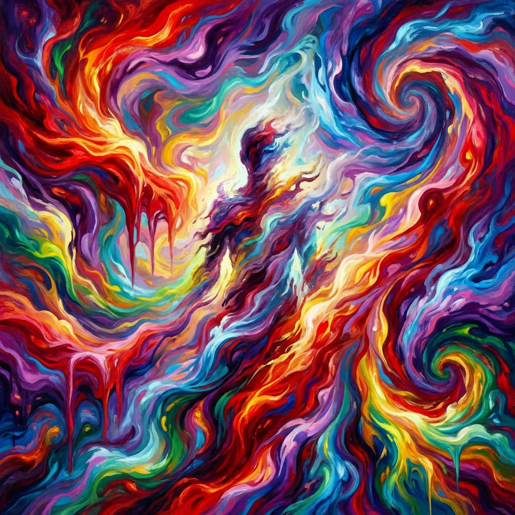 Dynamic abstract art featuring fluid, colorful waves of paint and swirling patterns.