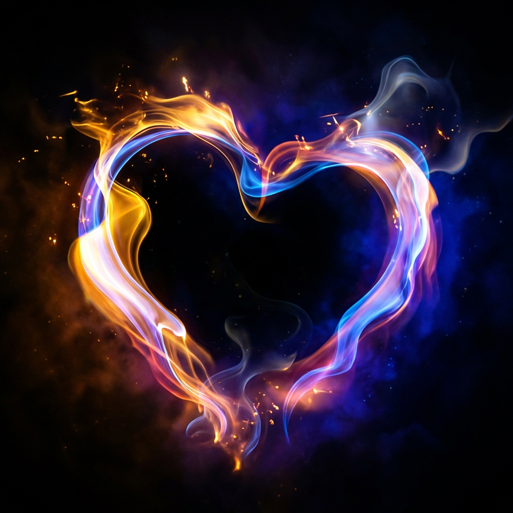 A heart shape created by swirling blue and orange flames against a black background.