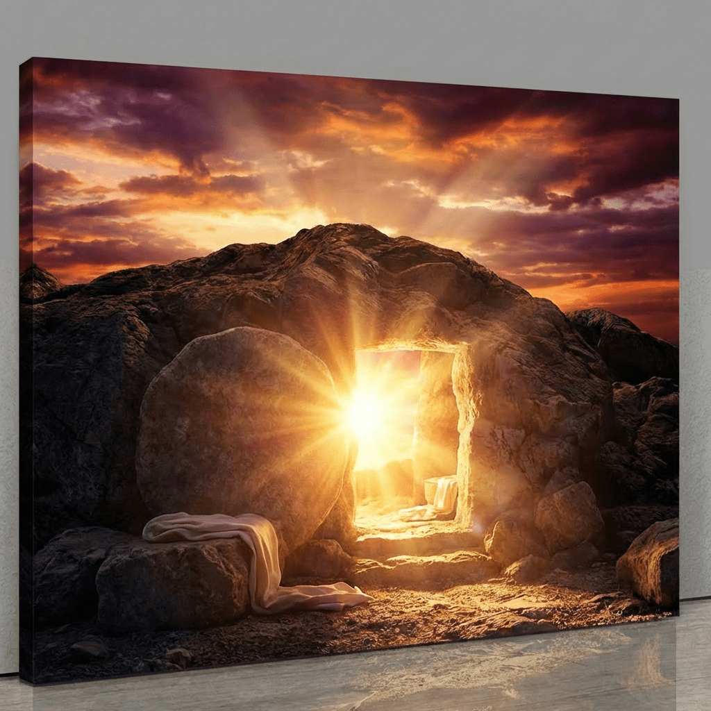 Bright light shines from an empty stone tomb with the entrance stone rolled aside.