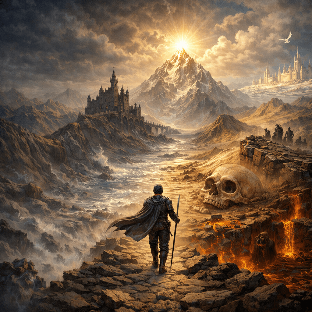 Armored figure walking on rocky path towards mountain with glowing peak, surrounded by castle, sea serpent, skull, lava, and distant city