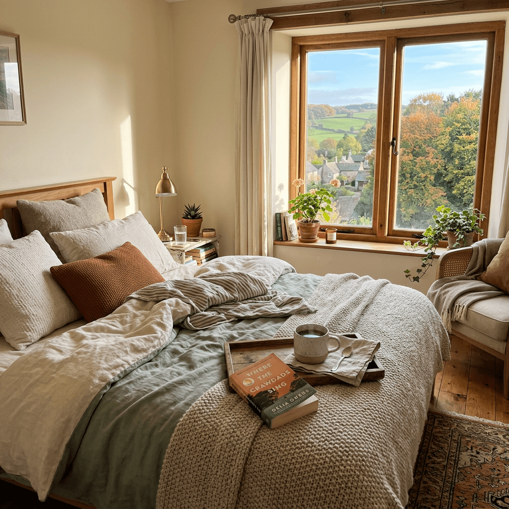 Cozy bed with pillows, blanket, book, and cup, next to a window showing green hills and trees