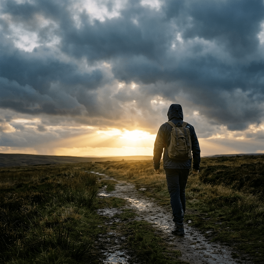 A lone hiker with a backpack walking on a muddy trail toward the setting sun under dark clouds
