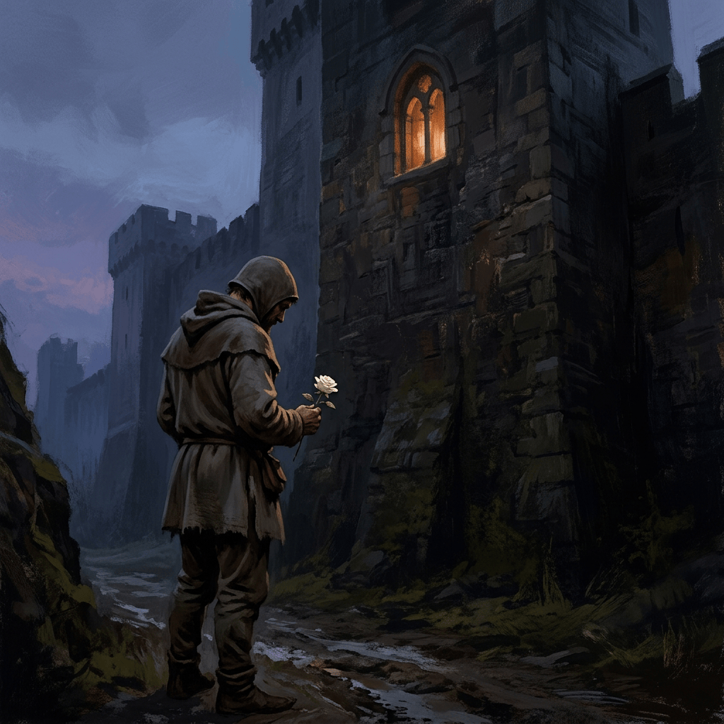 Hooded traveler holding a white flower beside a ruined castle