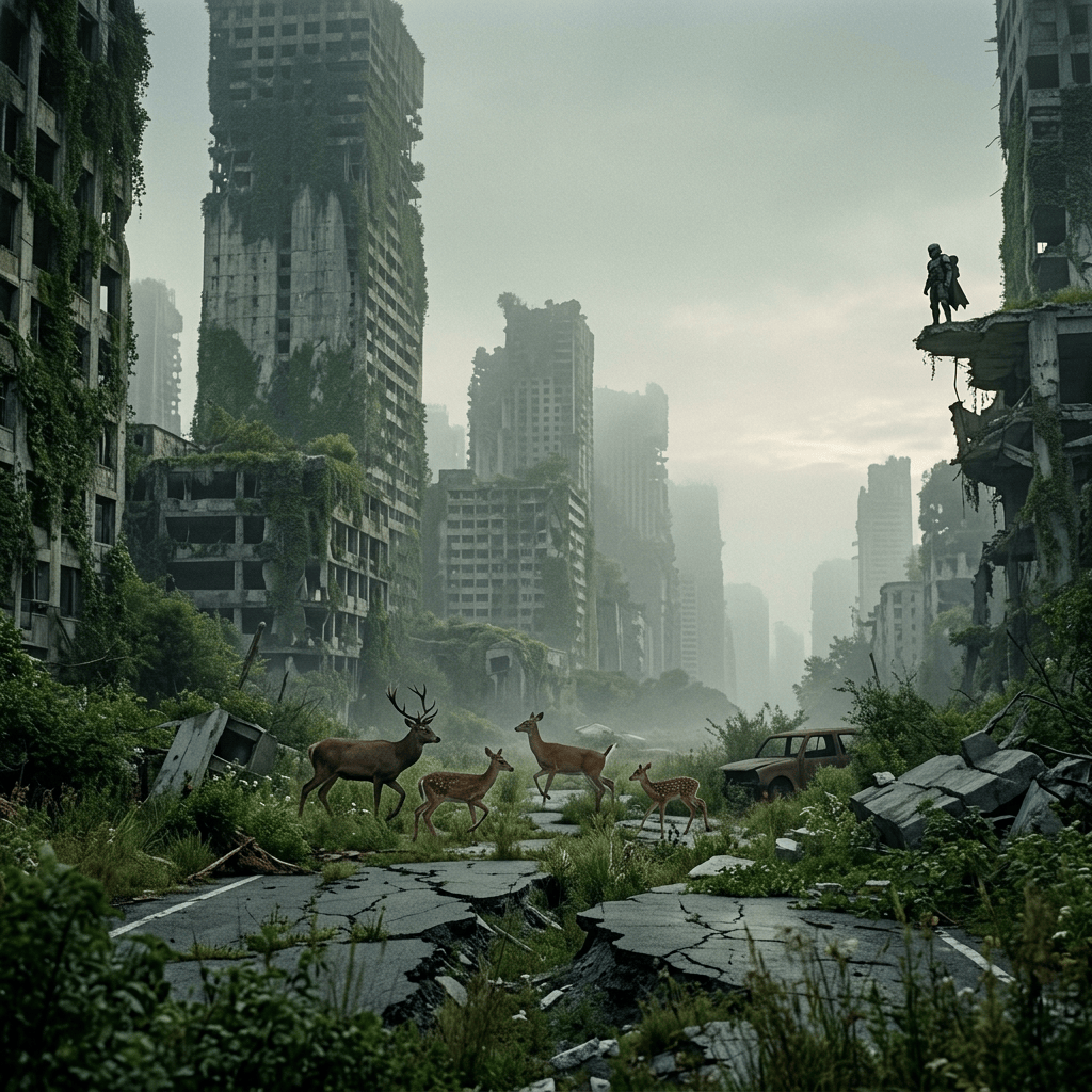 Four deer crossing a cracked road among overgrown, abandoned skyscrapers