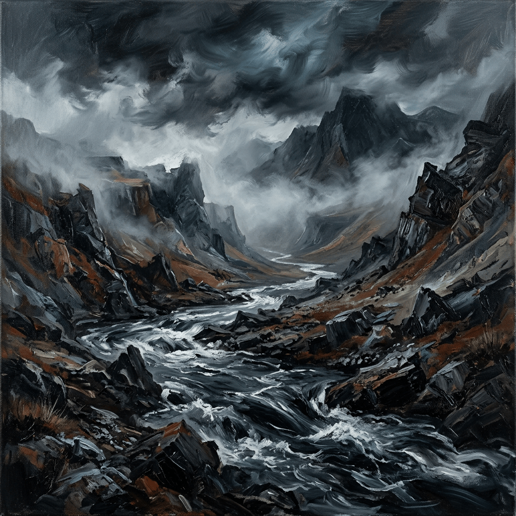Turbulent river flowing through a jagged mountain valley under storm clouds